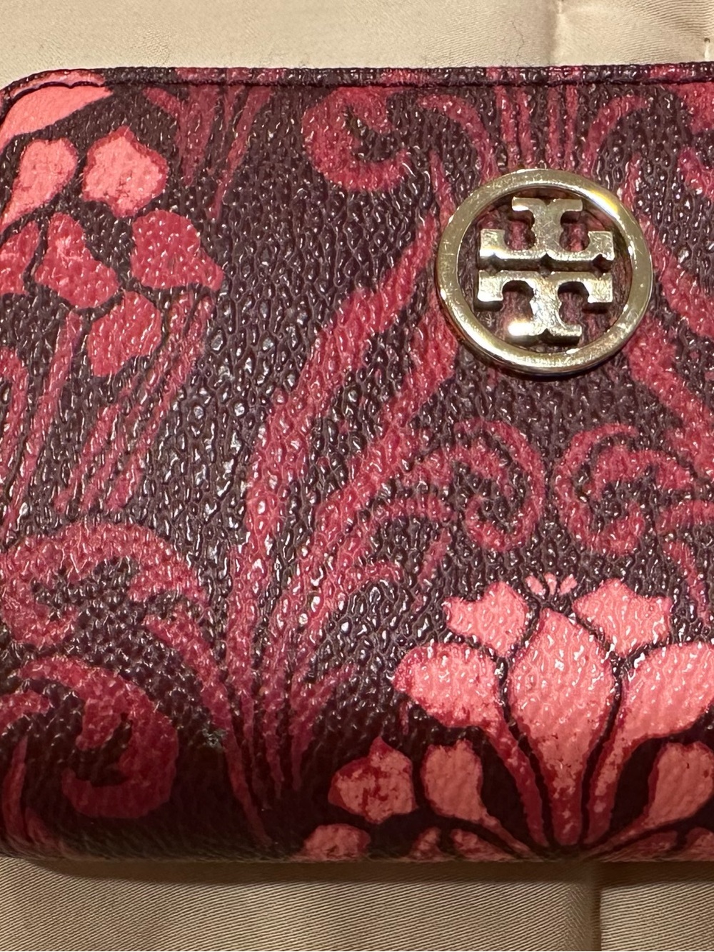 Used once Tory Burch Pink and Burgundy Floral Leather Wallet with Gold Logo